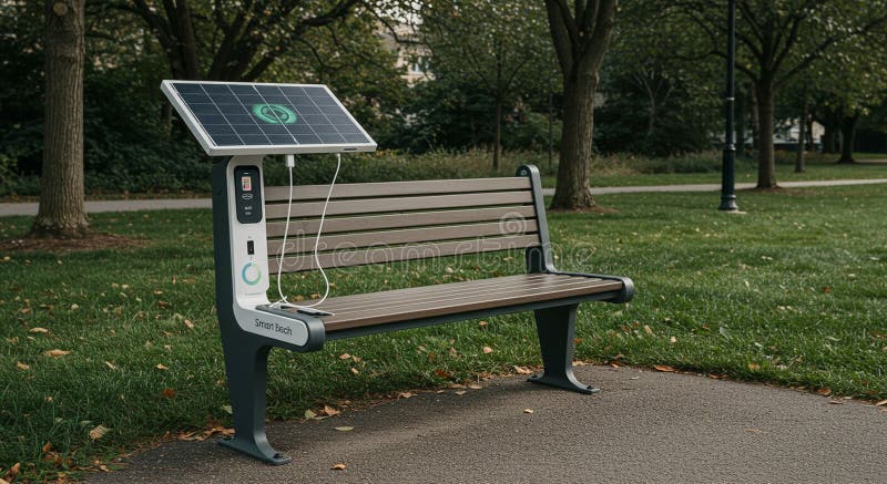 Modern park bench with solar panel, integrated for device charging. It features a sleek royalty free illustration