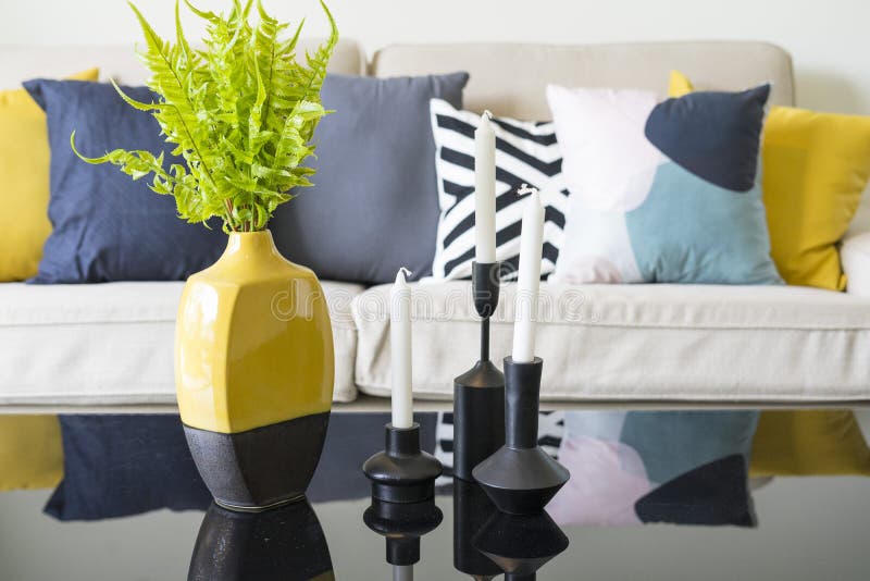 Modern Pattern Blue and Yellow Cushion on Grey Sofa Stock Image Image