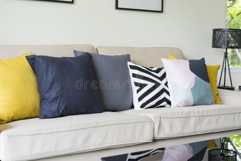 Modern Pattern Blue and Yellow Cushion on Grey Sofa Stock Image Image