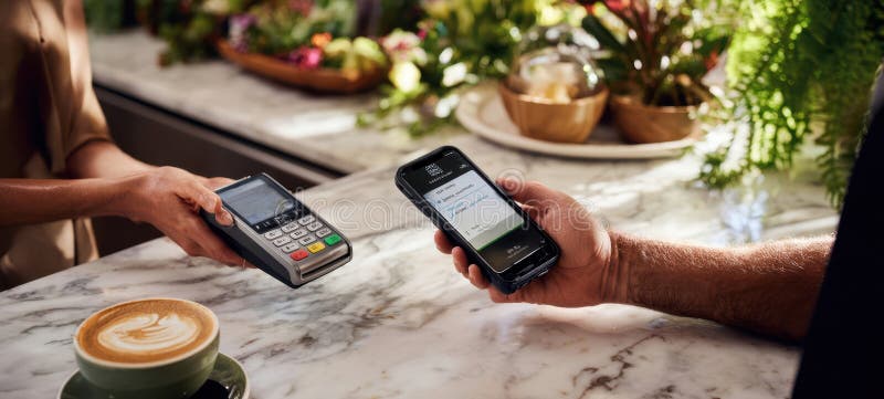 The modern payment experience at a coffee shop with smartphones and terminals. image stock images.