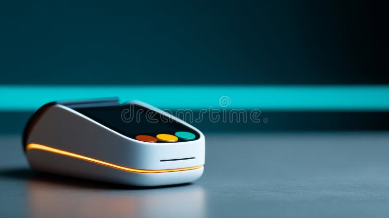 A modern payment terminal with a sleek design and colorful buttons is displayed on a table against a blue background. royalty free stock photography