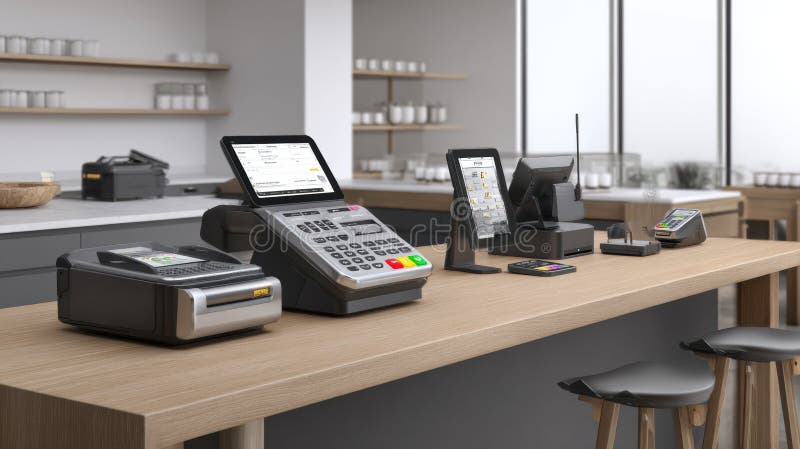 Modern Payment Terminals Lined on a Wooden Counter in a Bright, Minimalist Cafe Interior During the Day stock photo