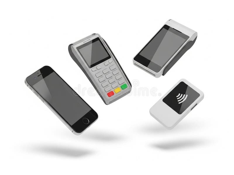 Modern payment terminals and smartphones stock photos