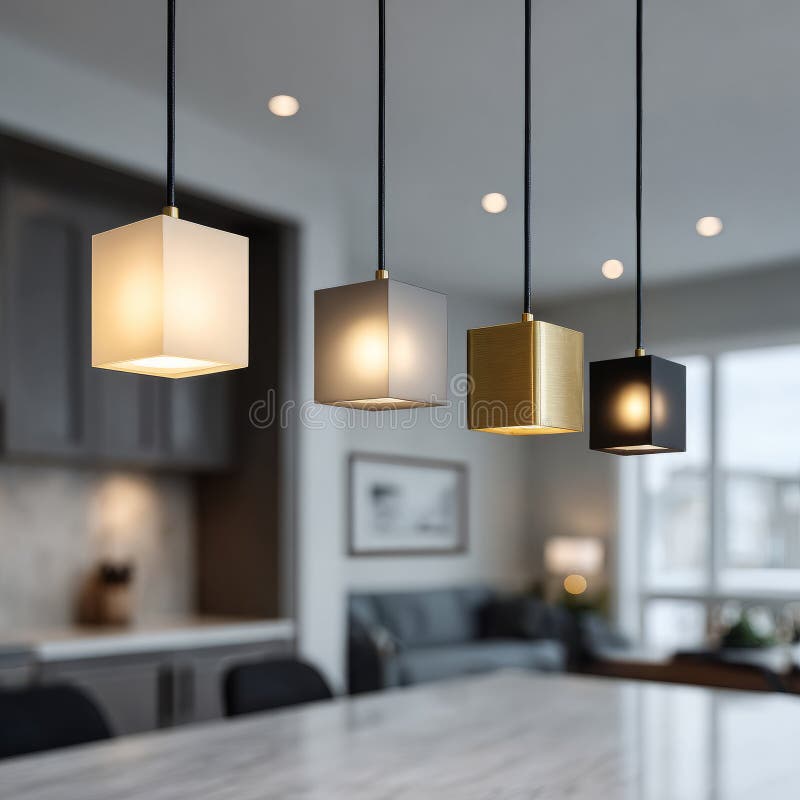Modern pendant lights in a contemporary kitchen setting. stock images