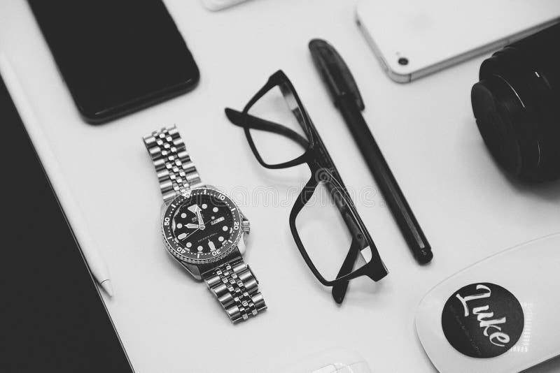 Modern photography equipment over white table background. royalty free stock photo