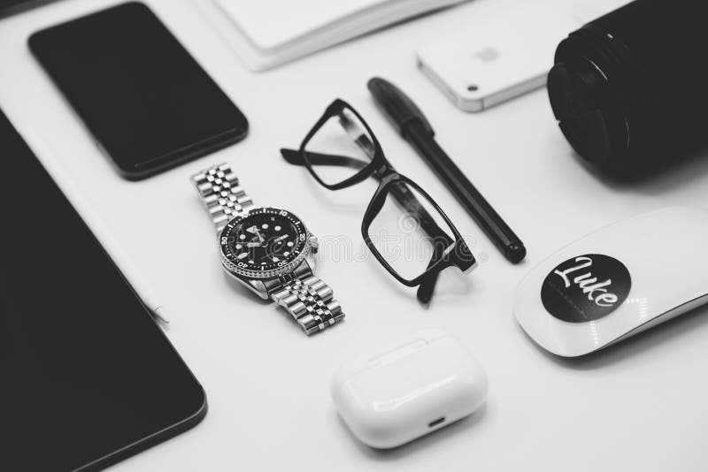 Modern photography equipment over white table background stock photos