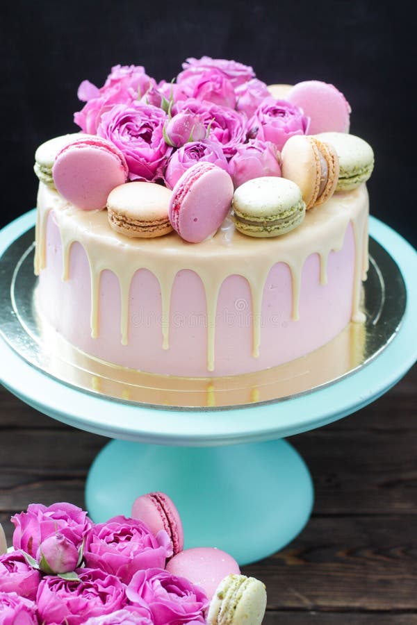 Modern Pink Cake With Chocolate Decor Caramel French Macaroons Meringues  And Waffle Paper White Background Stock Photo - Download Image Now - iStock