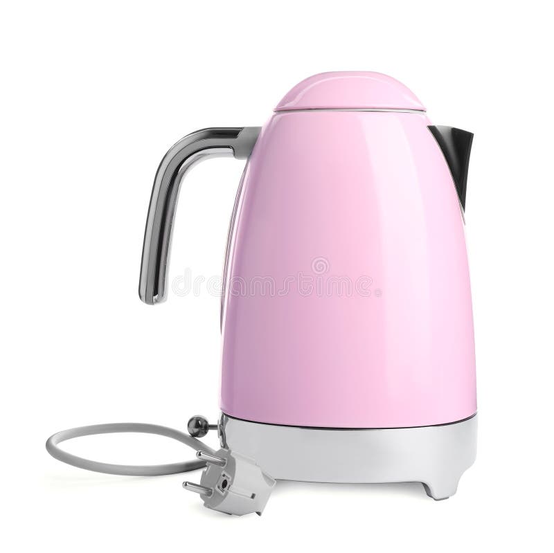 Modern Pink Electric Kettle with Base and Plug Isolated on White Stock