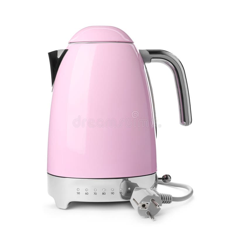 White electric kettle stands on a gray table plugged into a power outlet  Stock Photo - Alamy