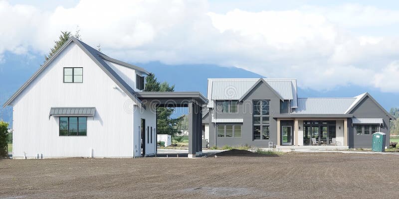 New modern rural style home built in Chilliwack British Columbia showing front elevation with carriage house and unfinished landscaping. House front elevation stock images, royalty-free photos and pictures
