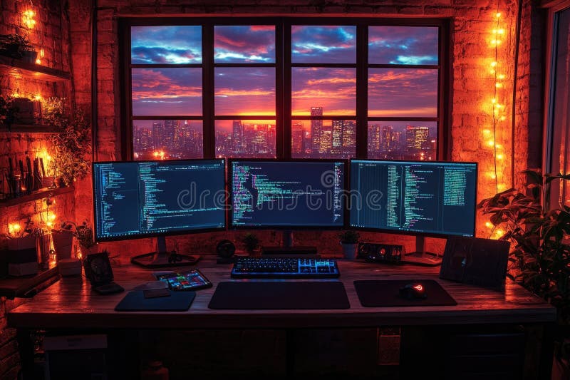 Modern Programmer Desk Setup Featuring Laptop and Multiple Screens with ...