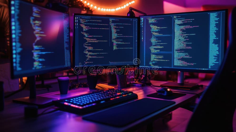 Modern Programmer Home Office Setup with Multiple Screens, Neon ...