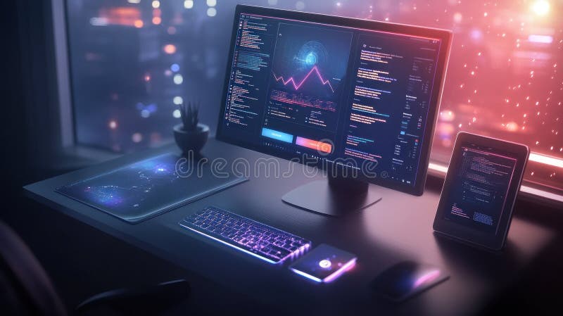 Modern programmer's workspace at night with glowing screen displaying data and code royalty free stock photos