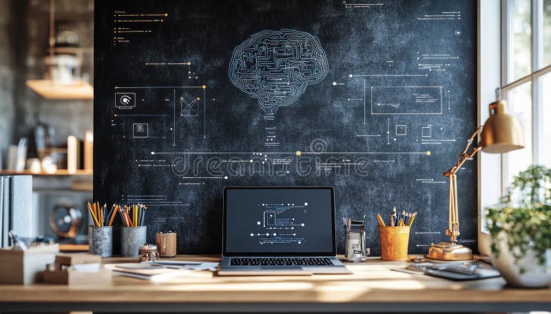 Modern programmer workplace featuring laptop and artificial intelligence sketch on blackboard royalty free stock photography