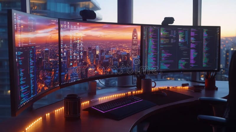 Modern Programmer Workspace With Triple Monitor Setup royalty free illustration