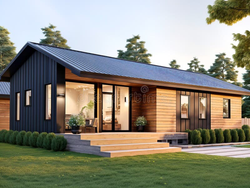 Modern ranch style private house with timber wood cladding. Residential architecture exterior. AI royalty free illustration