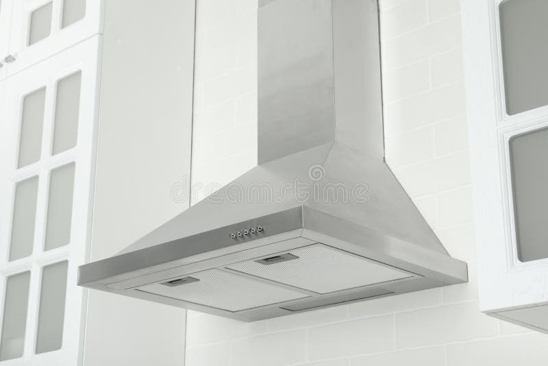 Modern Range Hood on White Brick Wall in Kitchen Stock Photo Image of