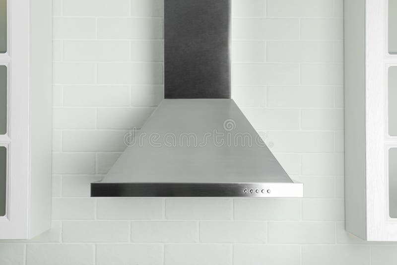 Modern Range Hood on White Brick Wall in Kitchen Stock Photo Image of