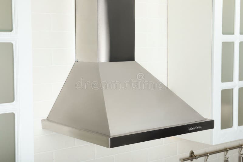 Modern Range Hood on White Brick Wall in Kitchen Editorial Stock Image