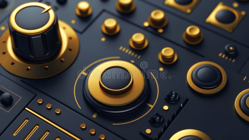 This is a modern realistic audio or video application interface with gold colored buttons with play, stop, pause, and power icons.. AI generated