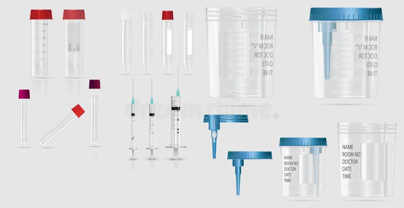 Modern realistic 3d vacuum container with lid and needle for blood sampling, biomaterials and analysis. Syringe, beaker, test tub stock illustration Modern realistic 3d vacuum container with lid and needle for blood sampling, biomaterials and analysis. Syringe, beaker, test tub stock illustration