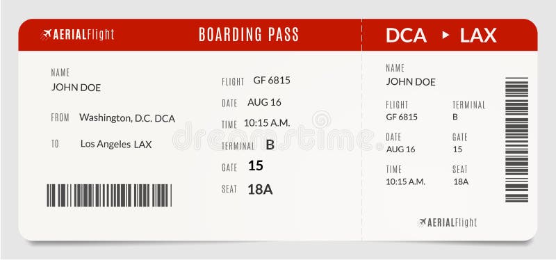 Modern realistic plane boarding pass. Filled with name and destination airplane ticket