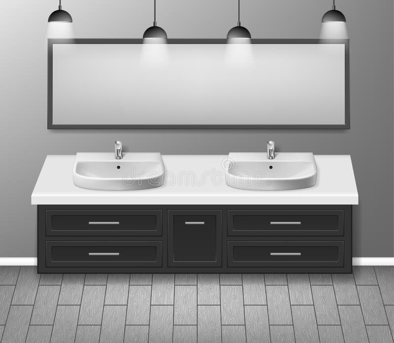 Modern Realistisch Badkamers Binnenlands Ontwerp Badkamersmeubilair met badkamersgootsteen en spiegel grijze muur met houten vloe royalty-vrije illustratie Modern Realistisch Badkamers Binnenlands Ontwerp Badkamersmeubilair met badkamersgootsteen en spiegel grijze muur met houten vloe royalty-vrije illustratie