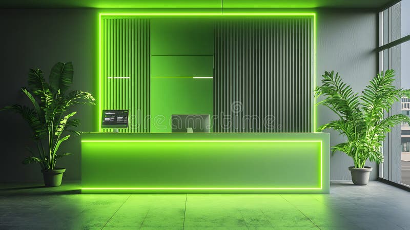 Modern Reception Desk with Green Neon Lights and Plants vector illustration