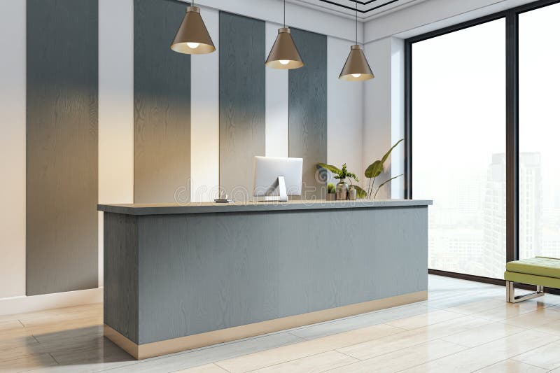 Modern reception desk mockup in bright office interior with vertical panels, pendant lights, and large city-view windows during vector illustration