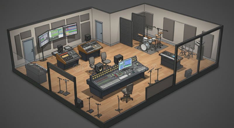 Modern recording studio layout with distinct control and live rooms. The control room royalty free illustration
