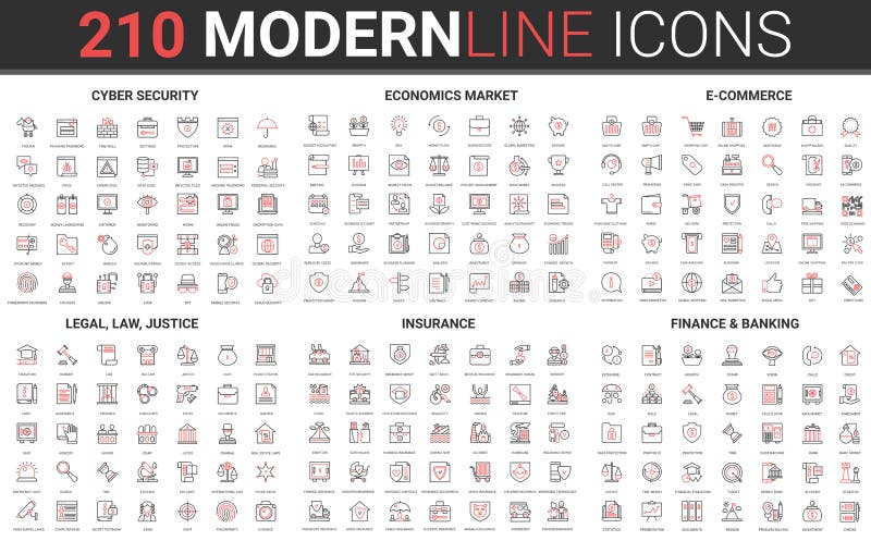 180 modern red black thin line icons set of legal, law and justice, insurance, banking finance, cyber security royalty free illustration