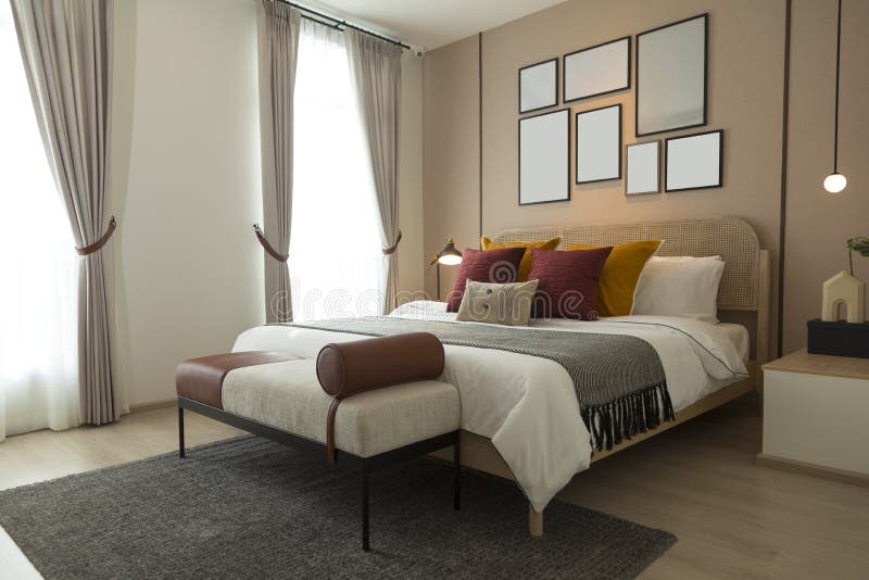 Red Brown Tone Bedroom with Wood Wall , Carpet and Armchair. Big