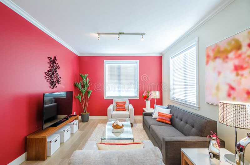 Modern red living room stock image. Image of estate, architecture