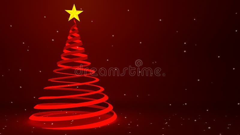 Modern red ribbon Christmas tree design and falling snow, 3D animation