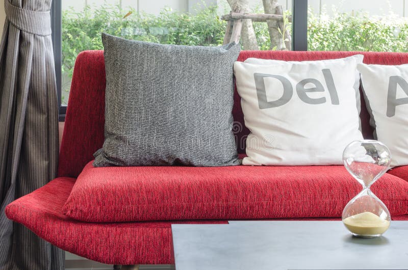 Modern Red Sofa with Pillows in Living Room Stock Image Image of