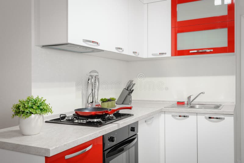 Modern Red and White Kitchen Interior Stock Image Image of locker, interior 136861935
