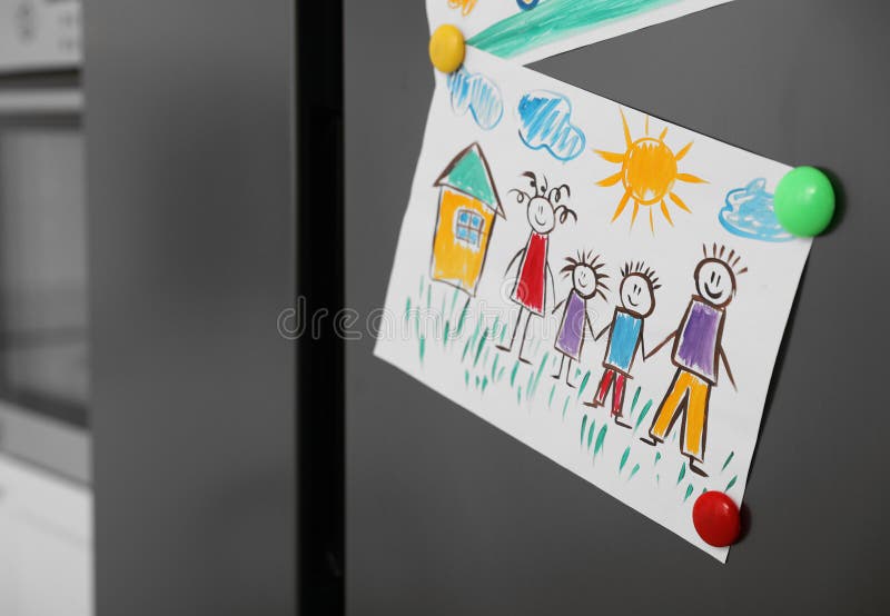 Refrigerator with Child`s Drawing and Stock Illustration