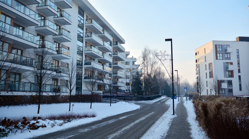 A modern residential area on a frosty winter morning.