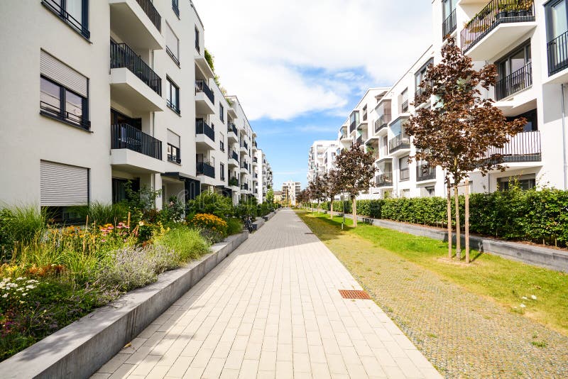 Modern residential buildings with outdoor facilities, Facade of new low-energy house royalty free stock images Modern residential buildings with outdoor facilities, Facade of new low-energy house royalty free stock images