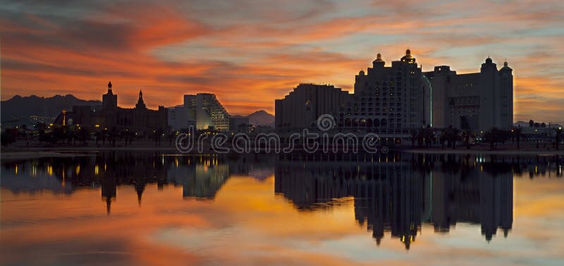 Modern resort hotels at sunset, Eilat, Israel