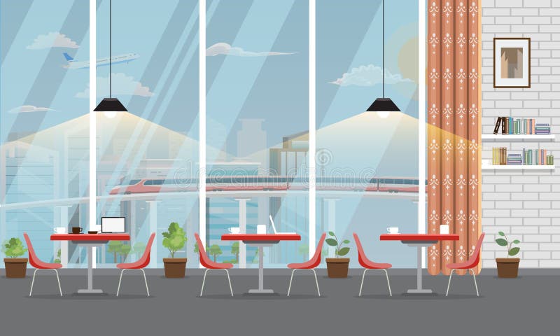 Modern Restaurant or cafe interior with large window and cityscape. Vector illustration. stock illustration Modern Restaurant or cafe interior with large window and cityscape. Vector illustration. stock illustration
