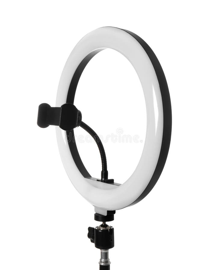 Modern Ring Light on Stand Against White Background Stock Photo Image