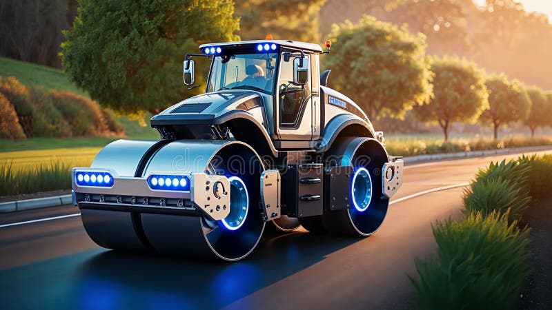 A Futuristic Road Roller Equipped with LED Lights on a Sunset Roadway vector illustration