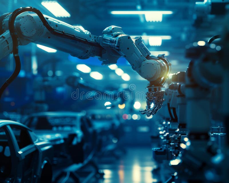 Modern robot arms in automotive industry showcasing innovative technology in futuristic factory vector illustration