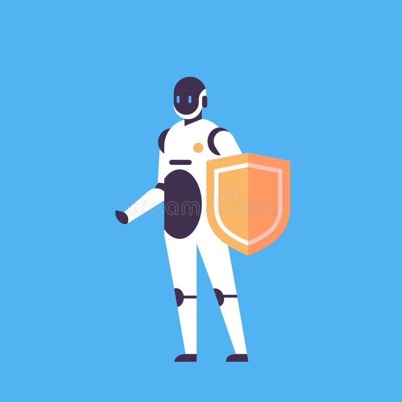 Modern robot hold shield artificial intelligence protection technology blue background concept bot helper flat full vector illustration Modern robot hold shield artificial intelligence protection technology blue background concept bot helper flat full vector illustration