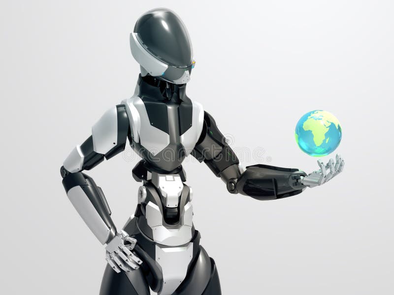 Modern robot holding global sphere / 3d cyborg taking control the Earth stock illustration