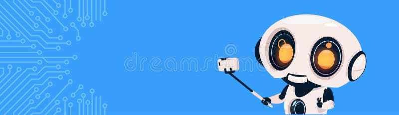 Modern Robot Make Self Portrait Photo On Smart Phone With Selfie Stick Over Circuit Background With Copy Space vector illustration