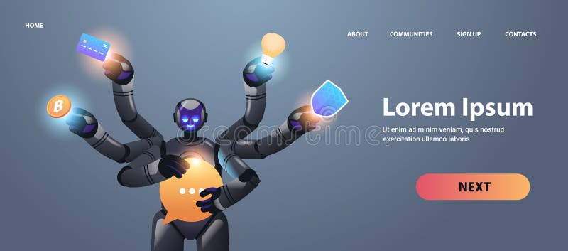 Modern robot with many hands multitasking robotic character artificial intelligence concept vector illustration