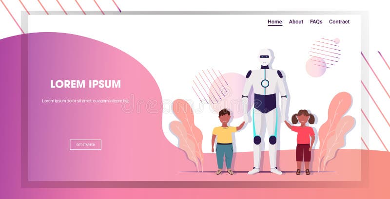 Modern robot nanny walking with children artificial intelligence technology babysitter concept horizontal full length vector illustration