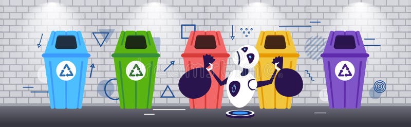 Modern robot putting garbage bags in different types of recycling bins segregate waste sorting management artificial